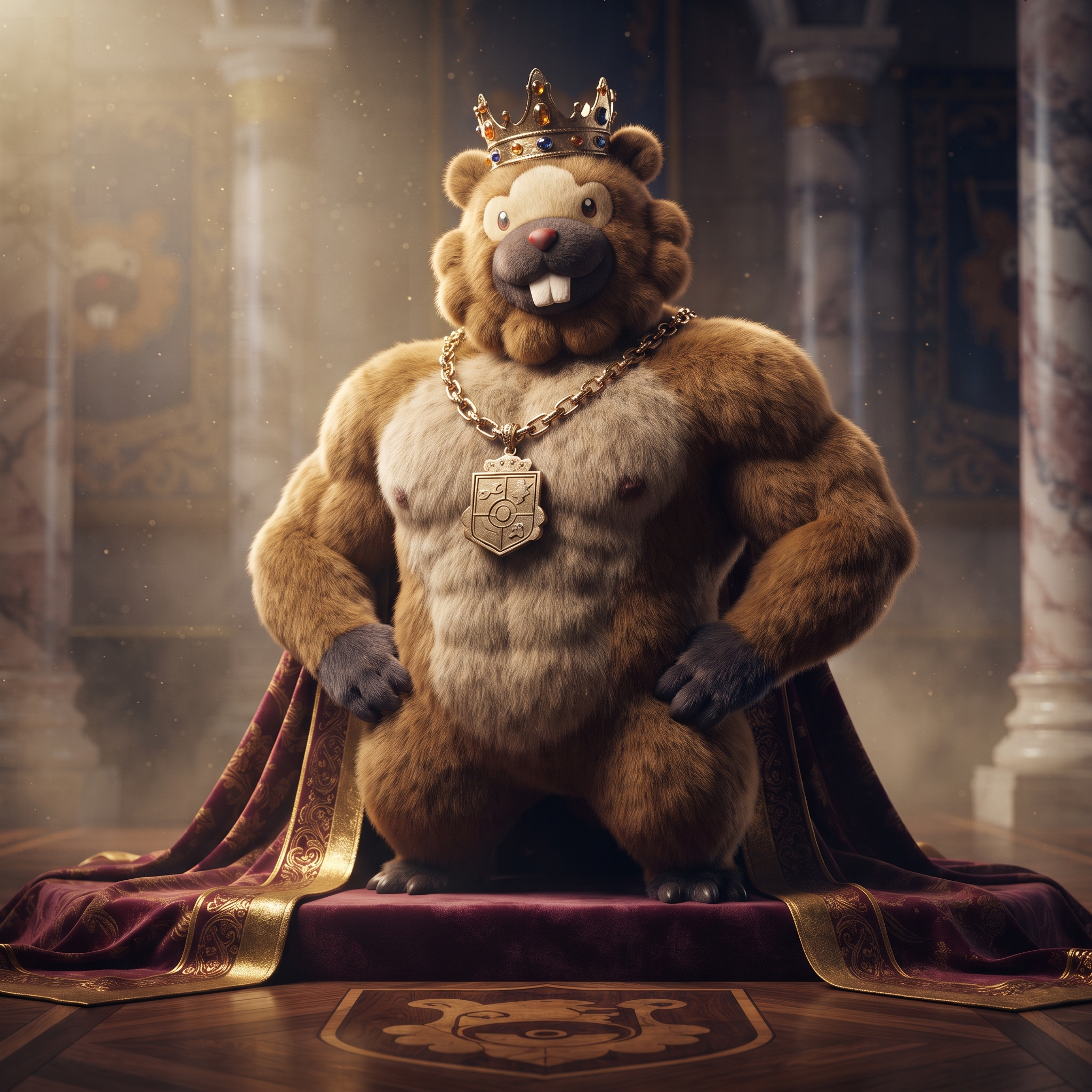 Bidoof enthroned in a palace hall, crowned, with a gold chain and a crimson cape
