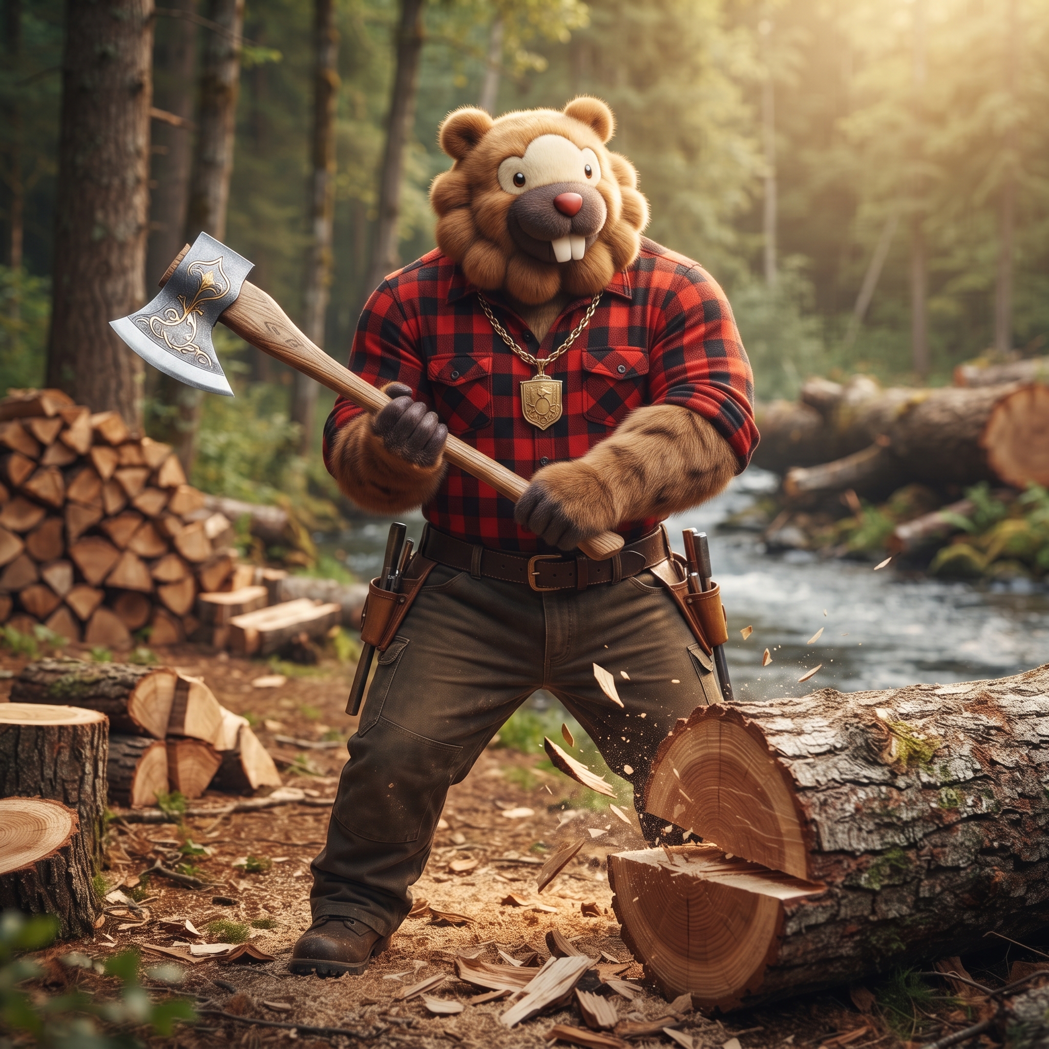 Bidoof in a plaid shirt splitting a log with an axe beside a river