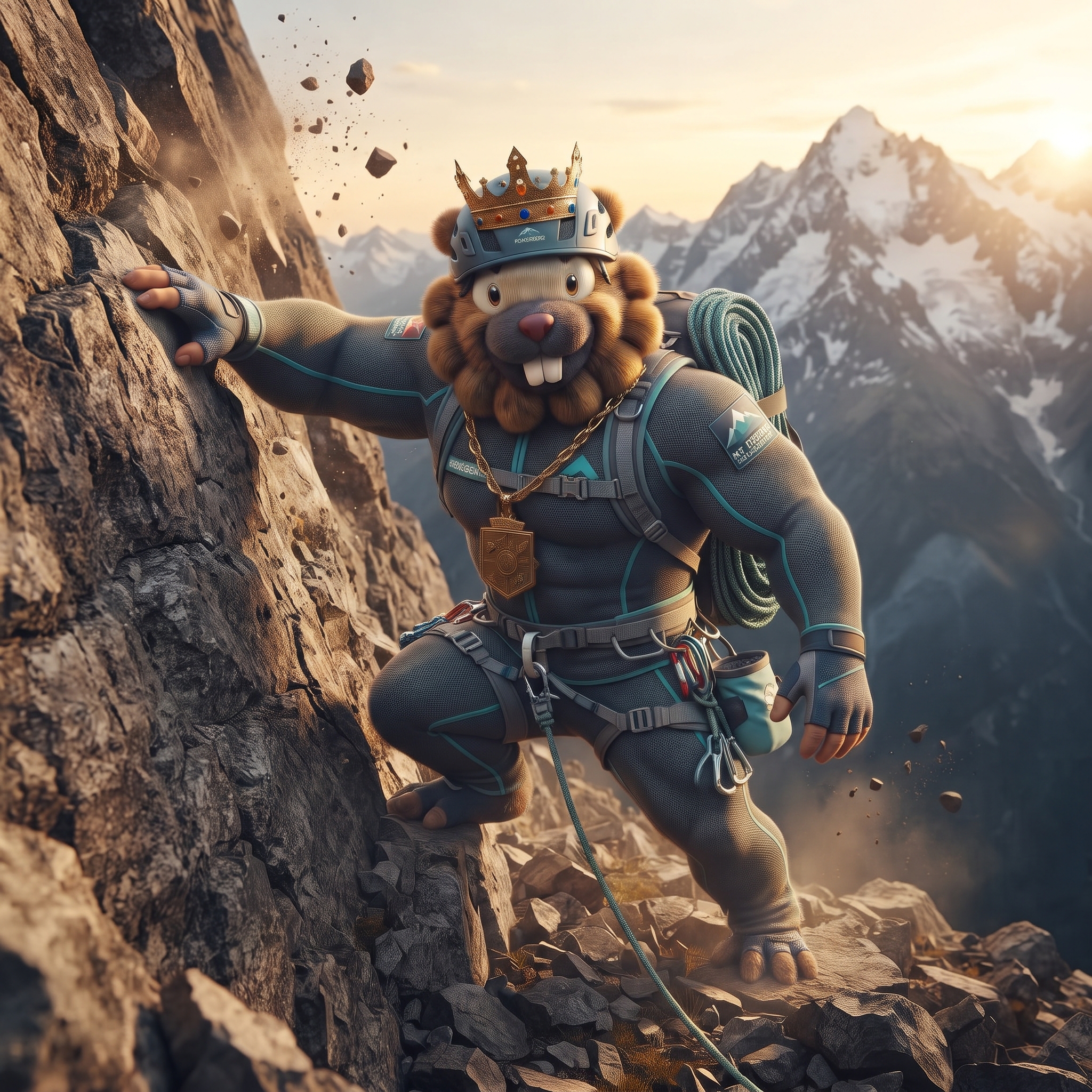 Bidoof in climbing gear and a crown, scaling a cliff above the peaks