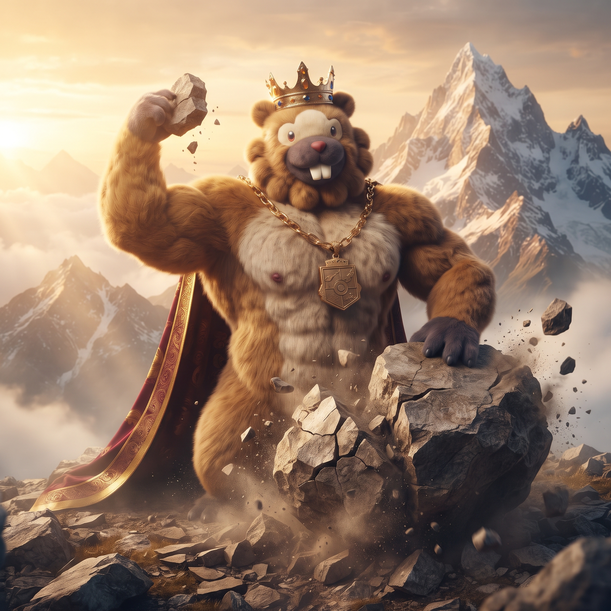 Bidoof crowned on a summit, breaking a boulder with one fist