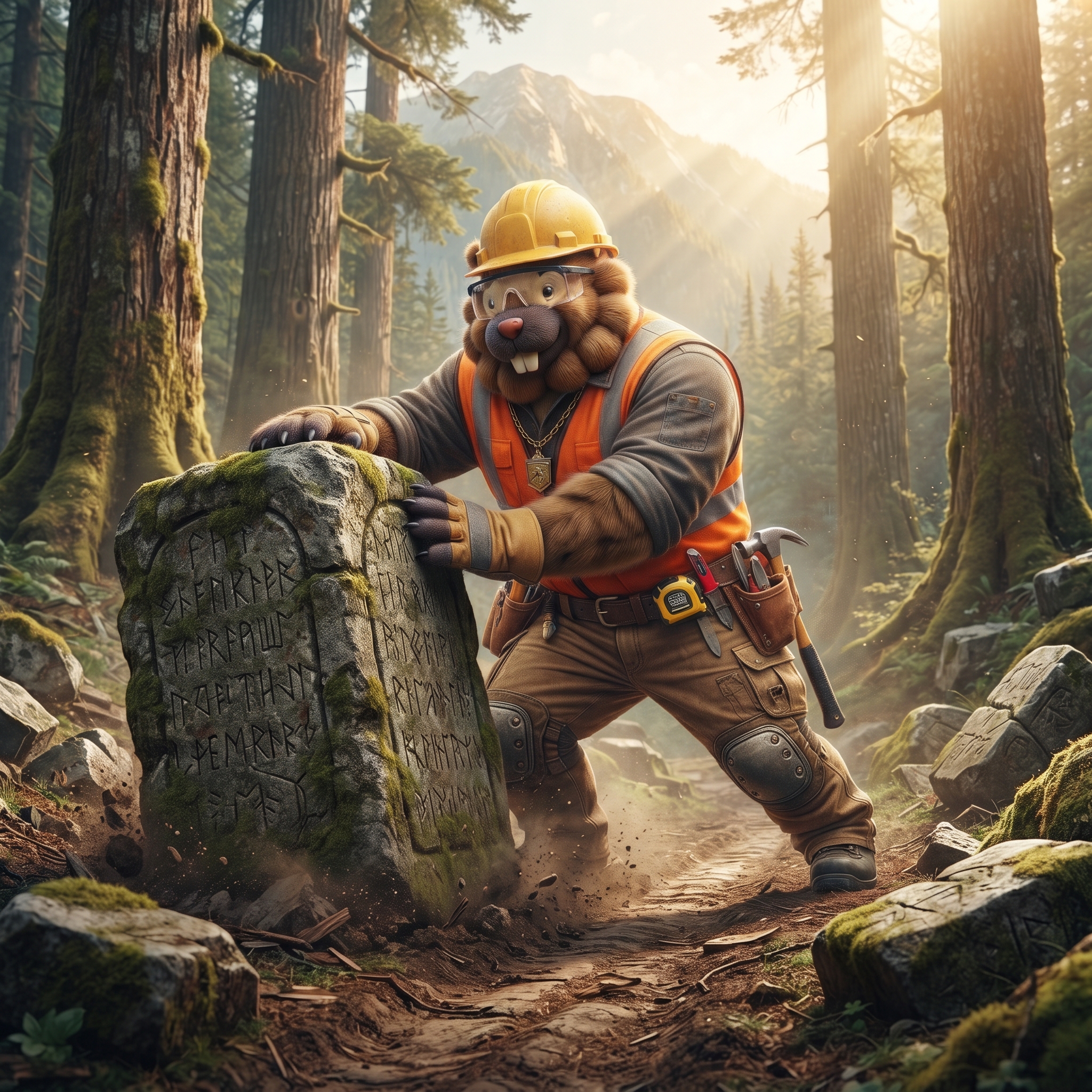 Bidoof in a hard hat and safety vest pushing a carved boulder through a forest