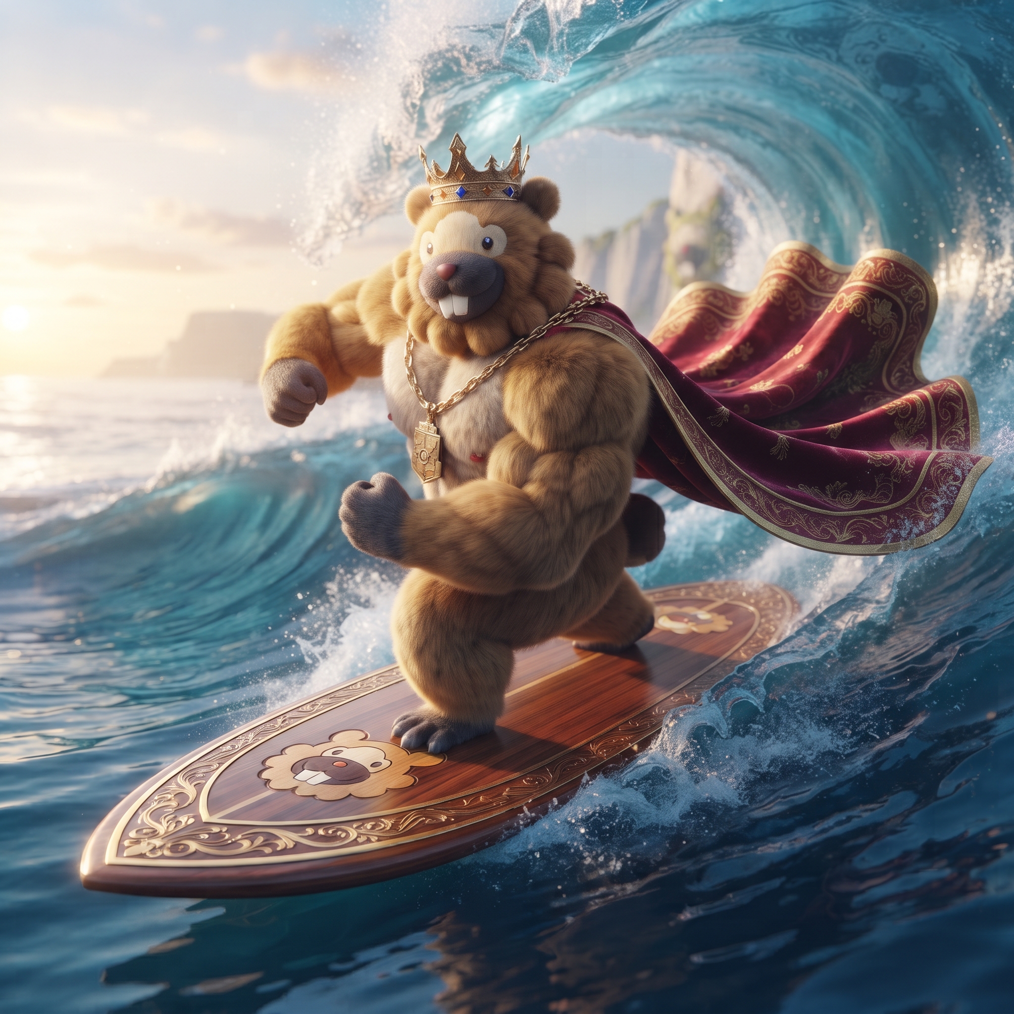 Bidoof crowned and surfing a barrel wave, cape flying behind an ornate board